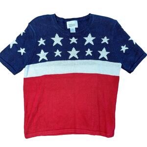 USA Flag Sweater Short Sleeve Vintage Fourth of July Sweater Cotton Blend
